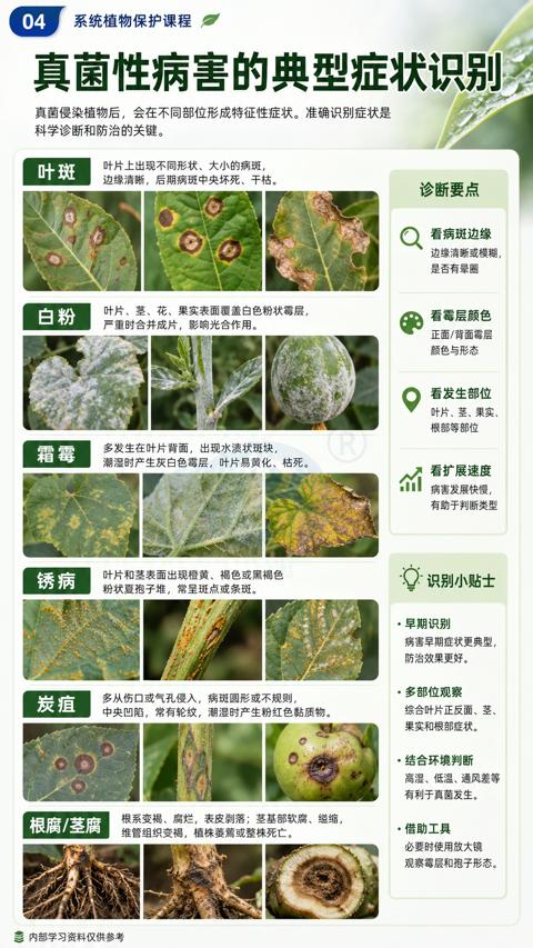 真菌性病害的典型症状识别（真菌侵染植物后，会在不同部位形成特征性症状。准确识别症状是）｜华昇金玛植保系统课技术图