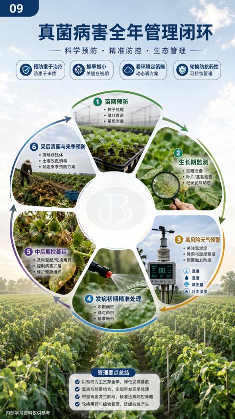 真菌病害全年管理闭环（以预防为主贯穿全年，降低发病基数）｜华昇金玛植保系统课技术图