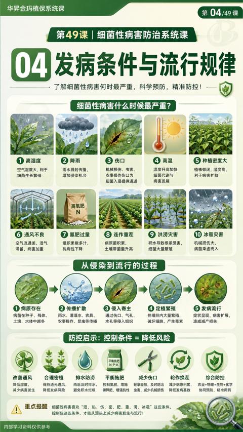 04 发病条件与流行规律（细菌性病害喜欢“湿、热、伤、密、肥、重、涝、冰雹”这些条件）｜华昇金玛植保系统课技术图