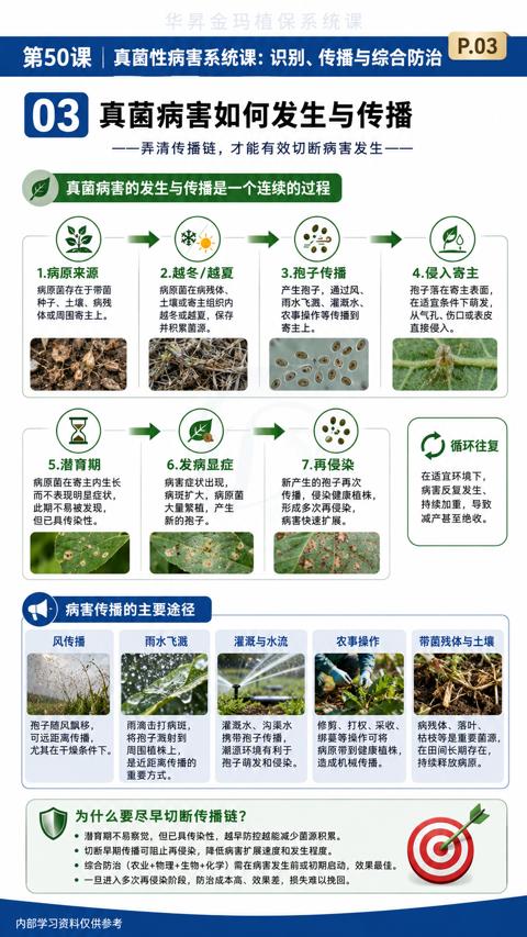 真菌病害如何发生与传播（一旦进入多次再侵染阶段，防治成本高、效果差，损失难以挽回）｜华昇金玛植保系统课技术图