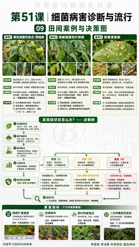 第51课|细菌病害诊断与流行（3-7天后复查，观新病斑、病斑扩展与新叶生长情况，调整策略）｜华昇金玛植保系统课技术图
