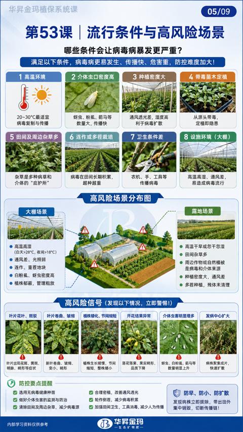 第53课| 流行条件与高风险场景（满足以下条件，病毒病更易发生、传播快、危害重，防控难度加大）｜华昇金玛植保系统课技术图