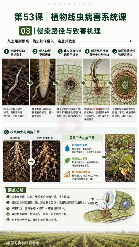 第53课| 植物线虫病害系统课（线虫在土壤中移动，受根系分泌物引诱，侵入幼根）｜华昇金玛植保系统课技术图