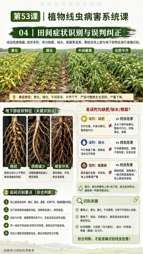 04| 田间症状识别与误判纠正（线虫危害隐蔽，症状多样，易与缺肥、缺水、根腐等混淆，需综合地上部与地下部特征进行准确识别）｜华昇金玛植保系统课技术图
