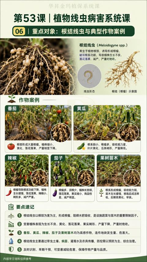 第53课|植物线虫病害系统课（根结线虫以根部为害为主，形成根瘤，阻碍水肥吸收，是设施蔬菜与苗木的重要限制因子）｜华昇金玛植保系统课技术图