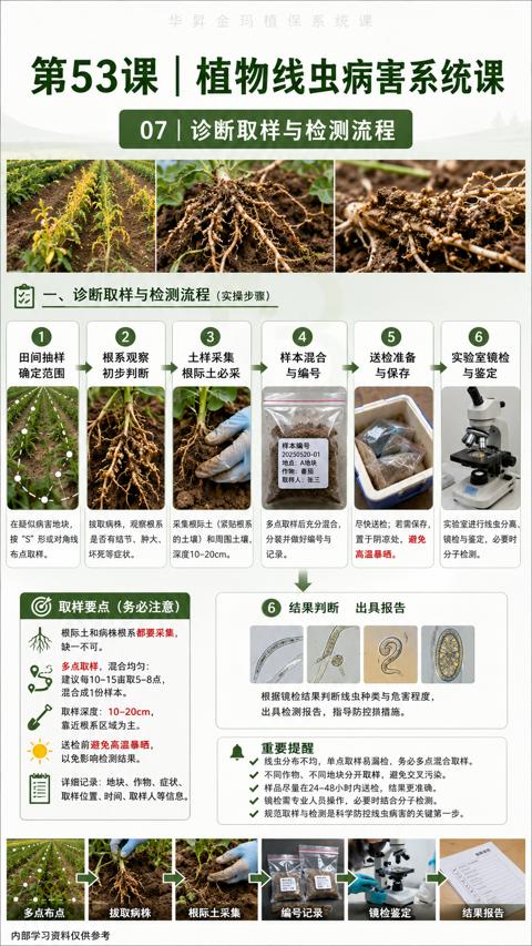 第53课| 植物线虫病害系统课（线虫分布不均，单点取样易漏检，务必多点混合取样）｜华昇金玛植保系统课技术图