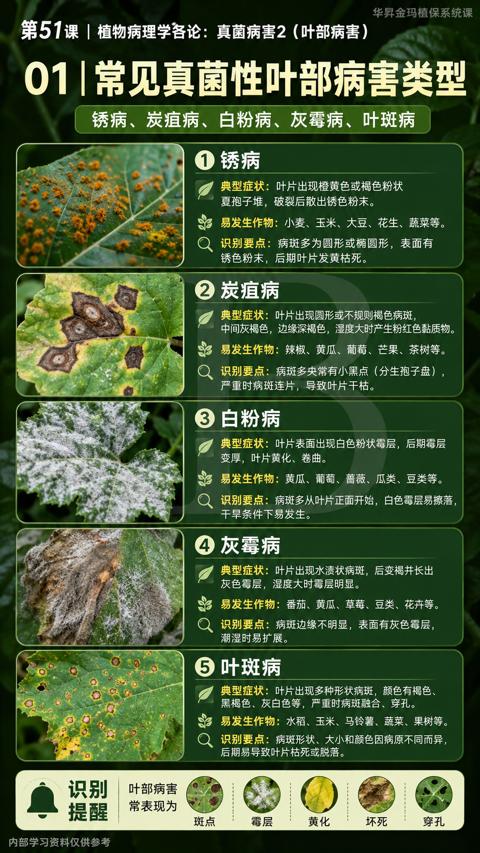 01|常见真菌性叶部病害类型（中间灰褐色，边缘深褐色，湿度大时产生粉红色黏质物）｜华昇金玛植保系统课技术图
