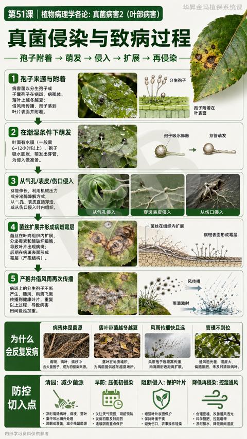 真菌侵染与致病过程（6~12小时以上），孢子）｜华昇金玛植保系统课技术图