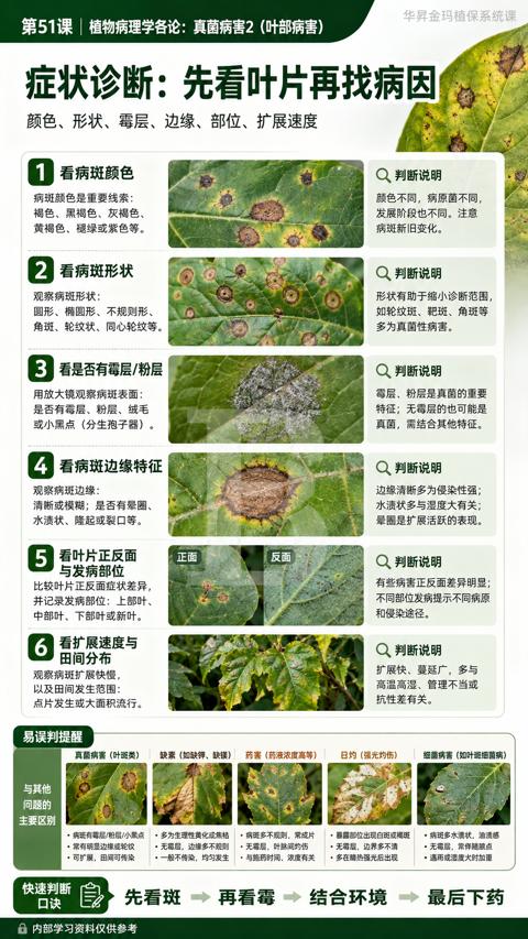 症状诊断：先看叶片再找病因（颜色、形状、霉层、边缘、部位、扩展速度）｜华昇金玛植保系统课技术图
