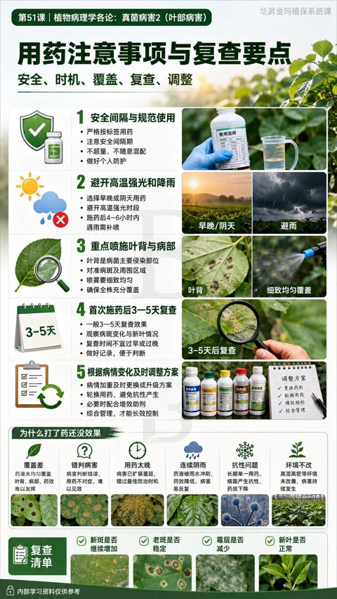 用药注意事项与复查要点（安全、时机、覆盖、复查、调整）｜华昇金玛植保系统课技术图