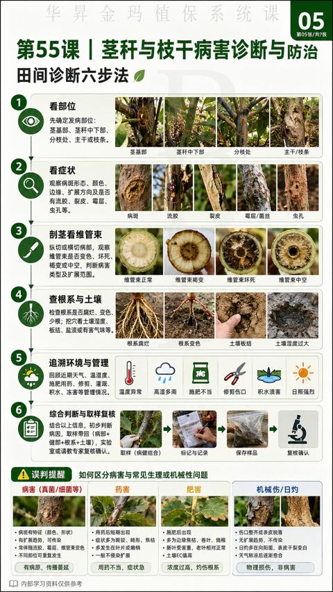 第55课| 茎秆与枝干病害诊断与防治（如何区分病害与常见生理或机械性问题）｜华昇金玛植保系统课技术图