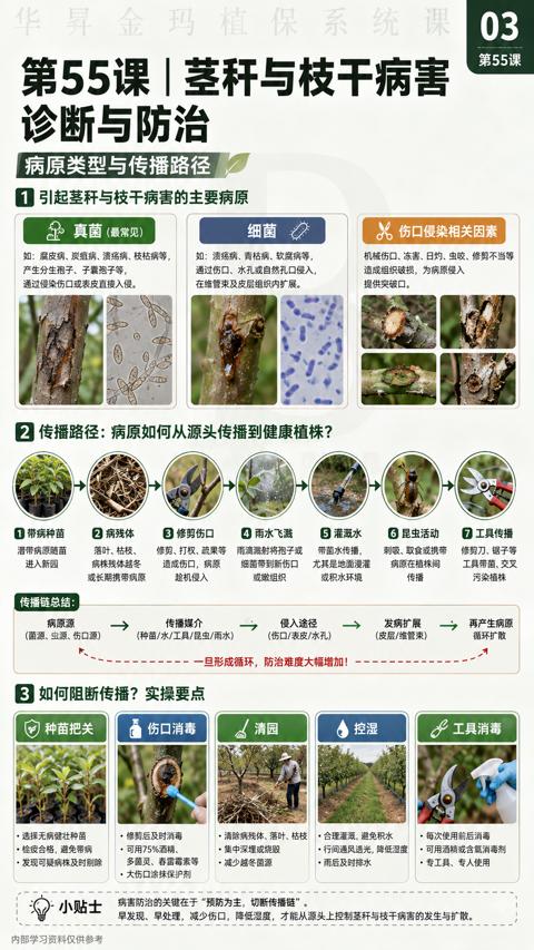 第55课| 茎秆与枝干病害（机械伤口、冻害、日灼、虫咬、修剪不当等）｜华昇金玛植保系统课技术图