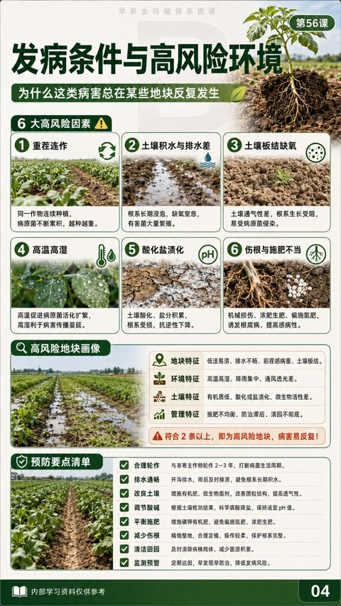 发病条件与高风险环境（改艮土壤 增施有机肥、微生物菌剂，改善团粒结构，提高透气性）｜华昇金玛植保系统课技术图