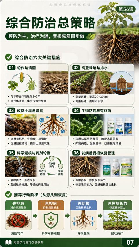综合防治总策略（预防为主，治疗为辅，养根恢复同步做）｜华昇金玛植保系统课技术图
