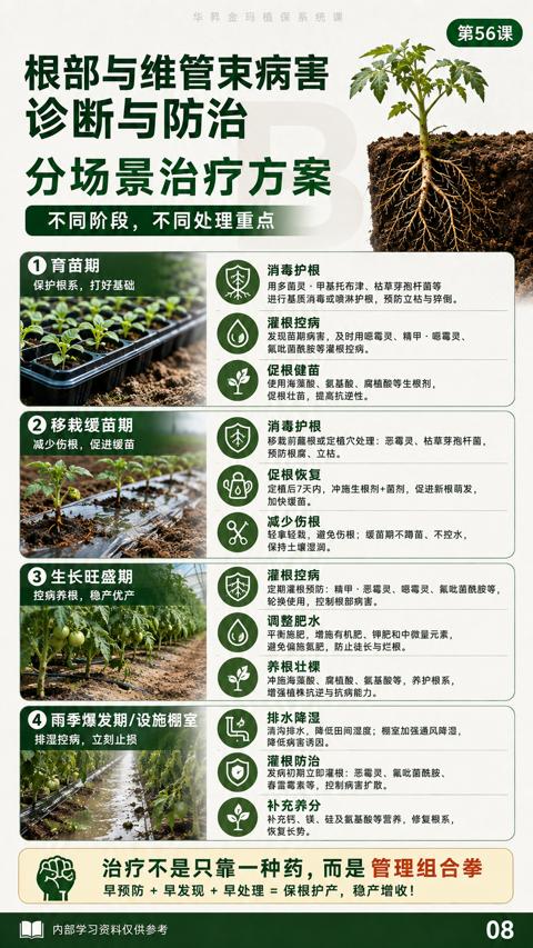 诊断与防治（定植后7天内，冲施生根剂+菌剂，促进新根萌发）｜华昇金玛植保系统课技术图
