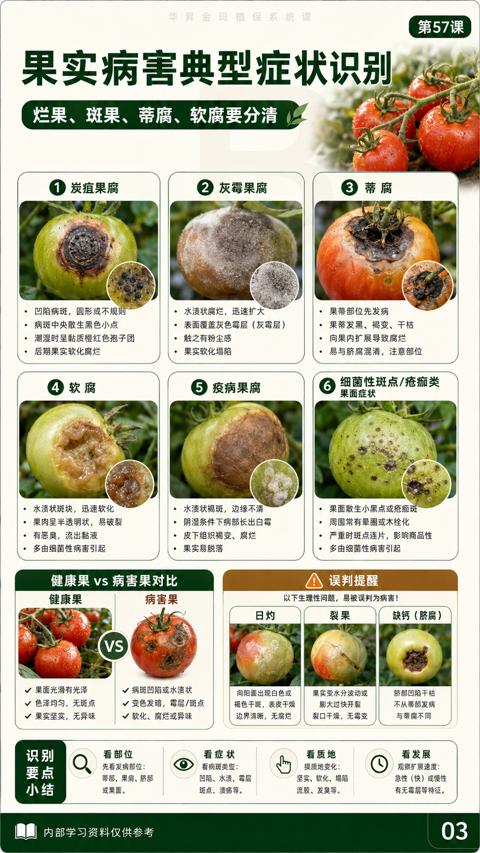 果实病害典型症状识别（以下生理性问题，易被误判为病害）｜华昇金玛植保系统课技术图