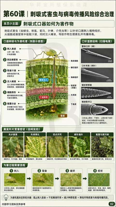 第60课|刺吸式害虫与病毒传播风险综合治理（从细胞或维管束中吸取汁液，同时注入唾液，导致作物生理亲乱并传播病毒）｜华昇金玛植保系统课技术图