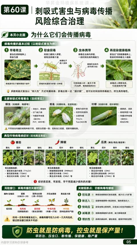 刺吸式害虫与病毒传播（田间一旦有传毒害虫迁入，病毒传播可在几小时～几天内完成）｜华昇金玛植保系统课技术图