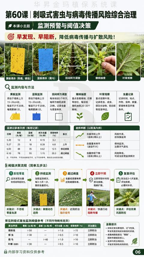 第60课| 刺吸式害虫与病毒传播风险综合治理（常见刺吸式害虫监测阀值参考（不同作物略有差异））｜华昇金玛植保系统课技术图