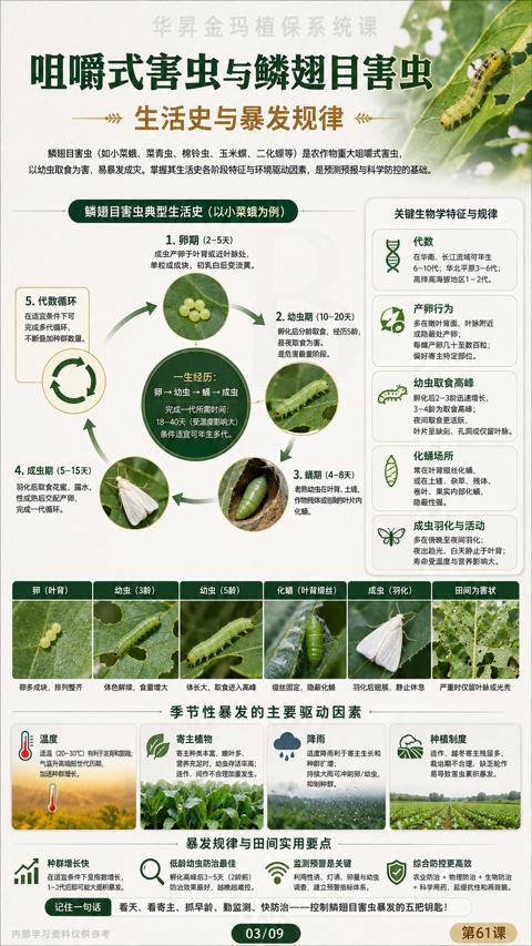 咀嚼式害虫与鳞翅目害虫（以幼虫取食为害，易暴发成灾。掌握其生活史各阶段特征与环境驱动因素，是预测预报与科学防控的基础）｜华昇金玛植保系统课技术图