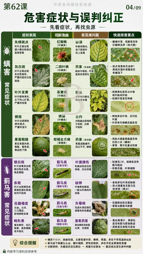 危害症状与误判纠正（叶背有无锈螨及脱皮壳）｜华昇金玛植保系统课技术图