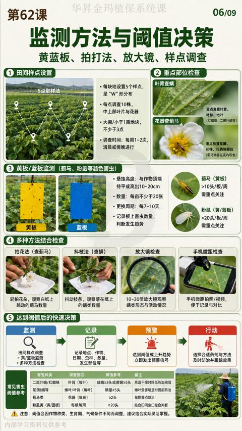 监测方法与阈值决策（黄板/蓝板监测（蓟马、粉虱等趋色害虫））｜华昇金玛植保系统课技术图