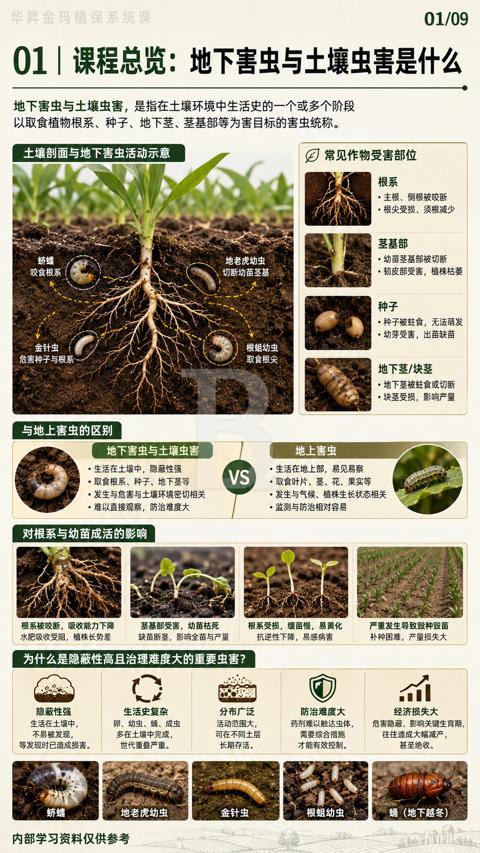 01|课程总览：地下害虫与土壤虫害是什么（地下害虫与土壤虫害，是指在土壤环境中生活史的一个或多个阶段）｜华昇金玛植保系统课技术图