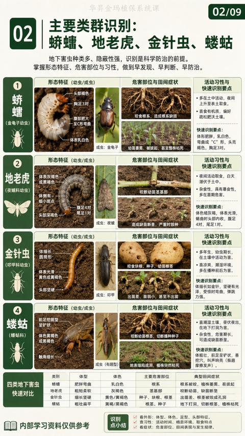 蛴螬、地老虎、金针虫、蝼蛄（掌握形态特征、危害部位与习性，做到早发现、早判断、早防治）｜华昇金玛植保系统课技术图