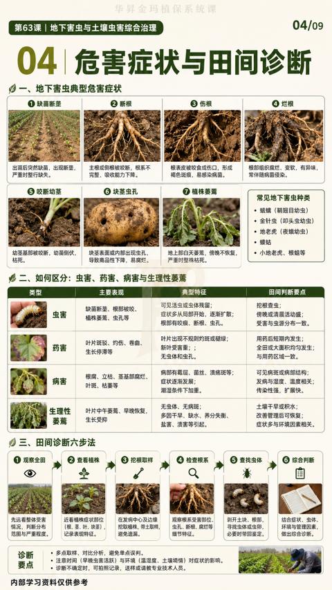 04|危害症状与田间诊断（诊断不确定时，可拍照记录，送样或请教专业技术人员）｜华昇金玛植保系统课技术图