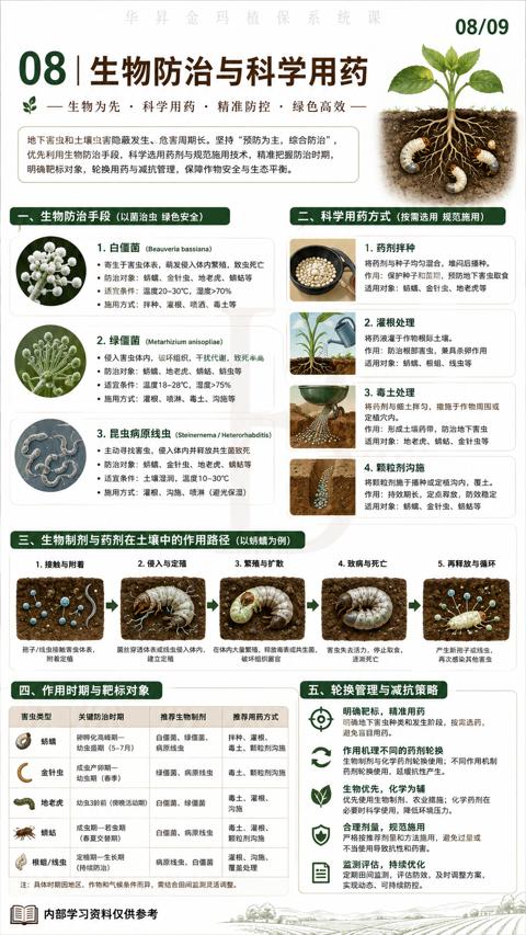 08|生物防治与科学用药（优先利用生物防治手段，科学选用药剂与规范施用技术，精准把握防治时期）｜华昇金玛植保系统课技术图