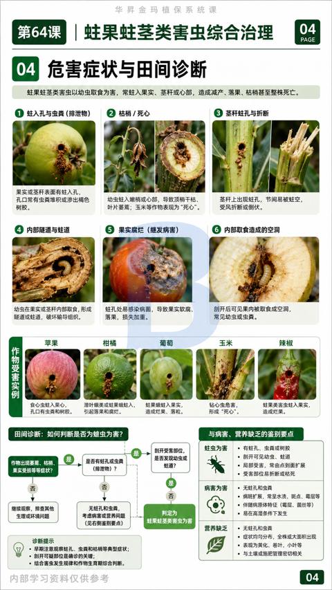 危害症状与田间诊断（蛀果蛙茎类害虫以幼虫取食为害，常蛙入果实、茎秆或心部，造成减产、落果、枯梢甚至整株死亡）｜华昇金玛植保系统课技术图