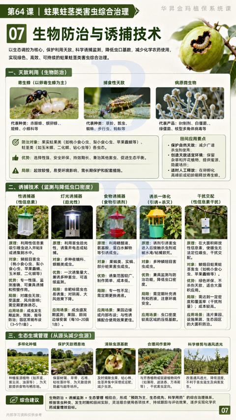 07 生物防治与诱捕技术（以生态调控为核心，保护利用天敌，科学诱捕监測，降低虫口基数，减少化学农药使用）｜华昇金玛植保系统课技术图