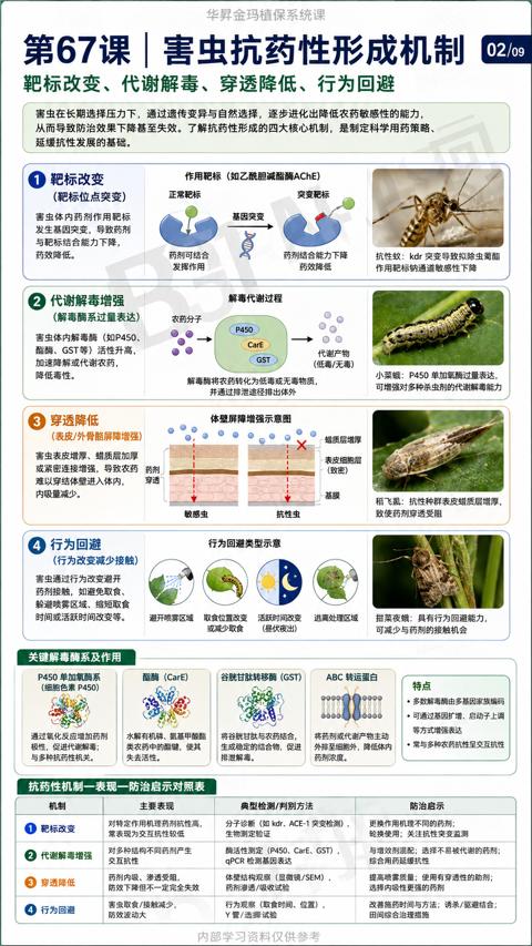 第67课 |害虫抗药性形成机制（害虫在长期选择压力下，通过遗传变异与自然选择，逐步进化出降低农药敏感性的能力）｜华昇金玛植保系统课技术图
