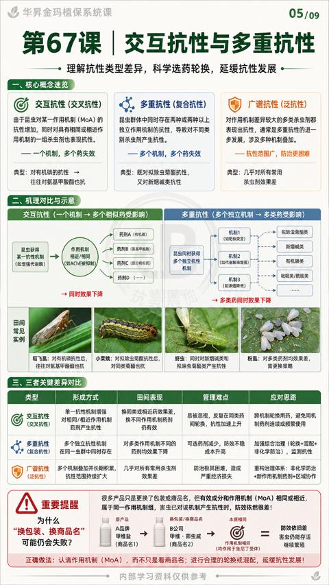 第67课 | 交互抗性与多重抗性（很多产品只是更换了包装或商品名，但有效成分和作用机制（MoA）相同或相近）｜华昇金玛植保系统课技术图