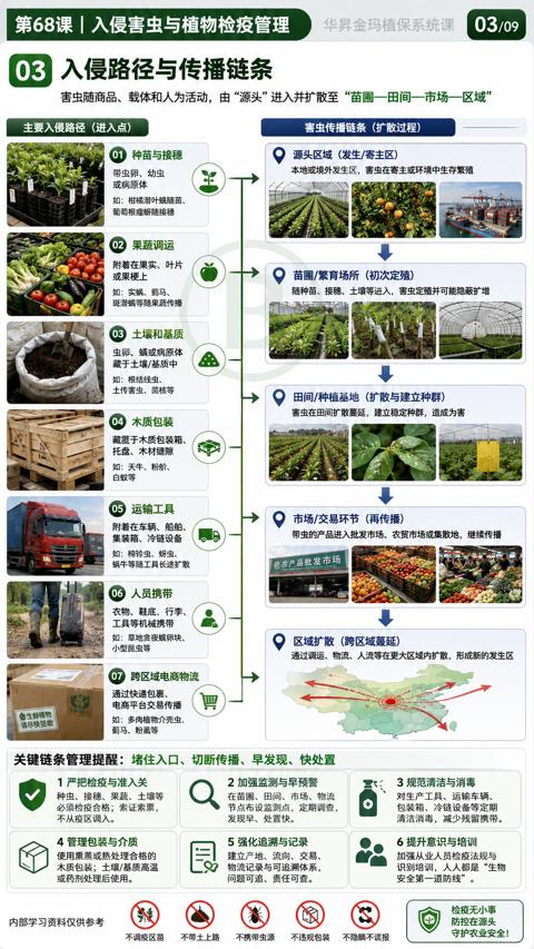 入侵路径与传播链条（通过调运、物流、人流等在更大区域内扩散，形成新的发生区）｜华昇金玛植保系统课技术图