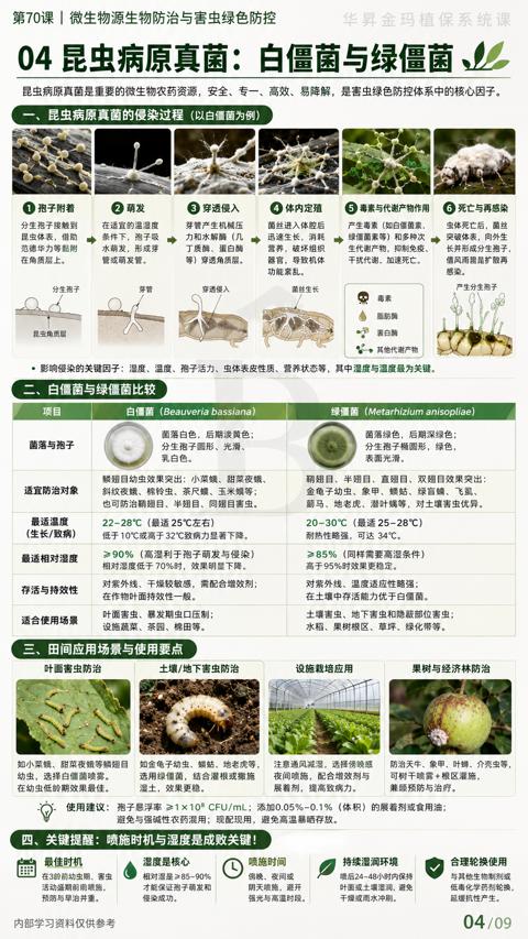 04 昆虫病原真菌：白僵菌与绿僵菌（昆虫病原真菌是重要的微生物农药资源，安全、专一、高效、易降解，是害虫绿色防控体系中的核心因子）｜华昇金玛植保系统课技术图