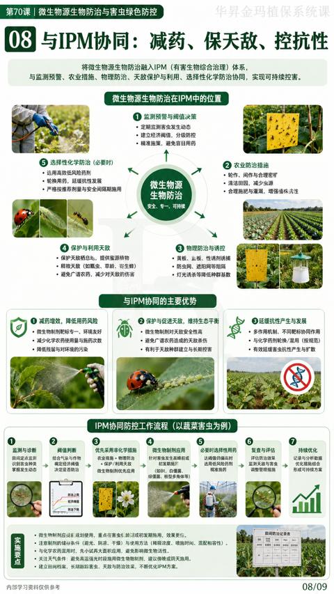 与IPM协同：减药、保天敌、控抗性（与监测预警、农业措施、物理防治、天敌保护与利用、选择性化学防治协同，实现可持续控害）｜华昇金玛植保系统课技术图