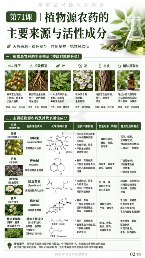 主要来源与活性成分（研究提示）｜华昇金玛植保系统课技术图