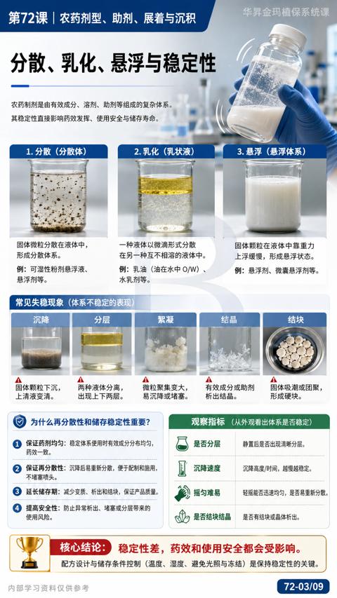 分散、乳化、悬浮与稳定性（配方设计与储存条件控制（温度、湿度、避免光照与冻结）是保持稳定性的关键）｜华昇金玛植保系统课技术图