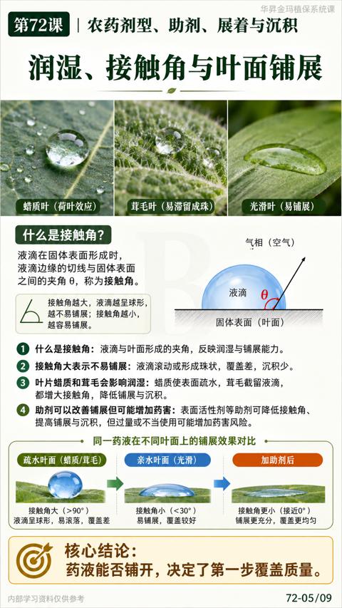润湿、接触角与叶面铺展（接触角大表示不易铺展）｜华昇金玛植保系统课技术图