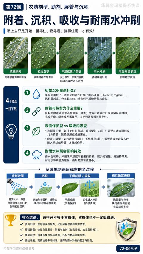 附着、沉积、吸收与耐雨水冲刷（良好的附着让药液不易滚落、弹走；持留让药液在叶面停留足够时间）｜华昇金玛植保系统课技术图