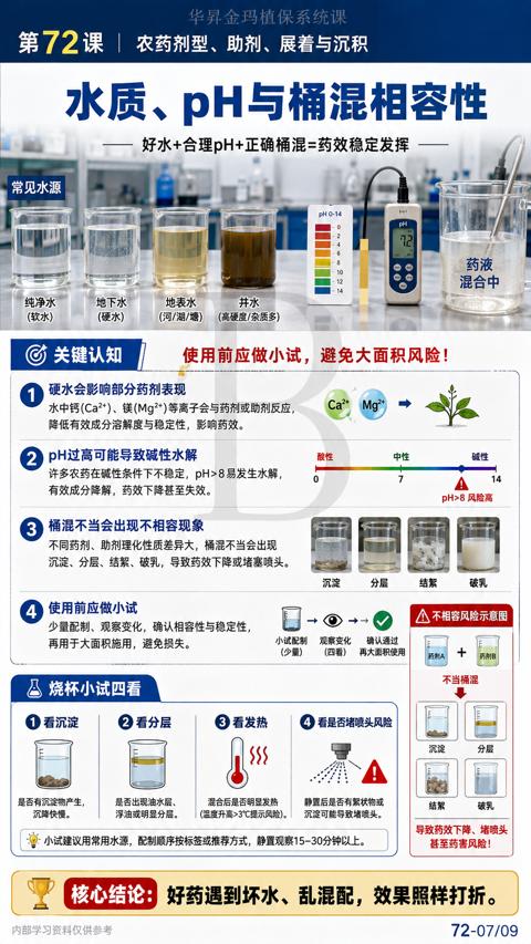 水质、pH与桶混相容性（小试建议用常用水源，配制顺序按标签或推荐方式，静置观察15-30分钟以上）｜华昇金玛植保系统课技术图