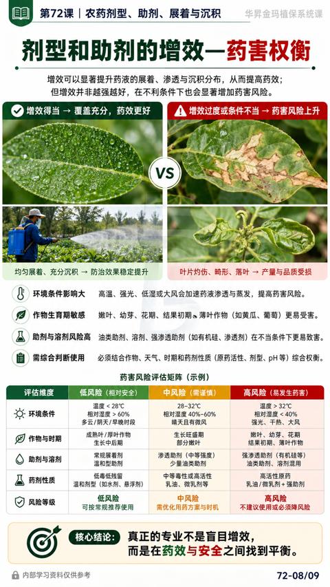 剂型和助剂的增效一药害权衡（嫩叶、幼芽、花期、结果初期、薄叶作物（如黄瓜、葡萄）更易受害）｜华昇金玛植保系统课技术图