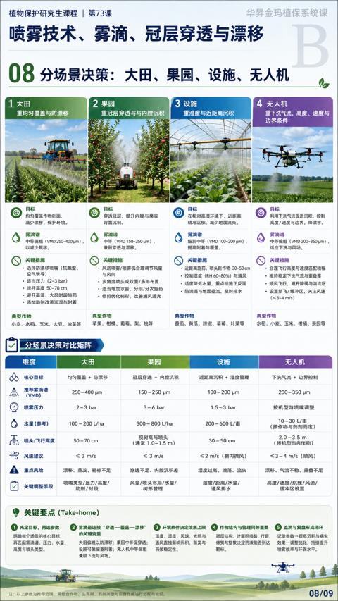喷雾技术、雾滴、冠层穿透与漂移（分场景决策）｜华昇金玛植保系统课技术图