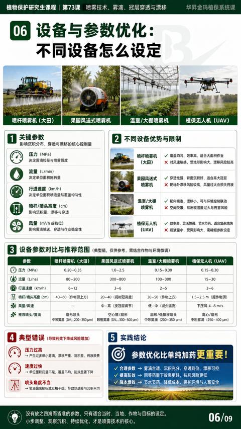 设备与参数优化（设备参数对比与推荐范围（典型值，仅供参考，需结合作物与环境微调））｜华昇金玛植保系统课技术图