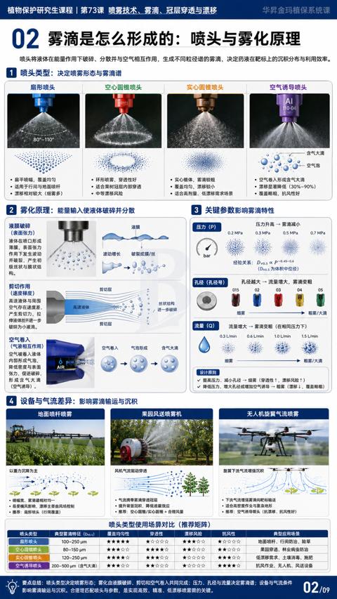 02 雾滴是怎么形成的：喷头与雾化原理（喷头将液体在能量作用下破碎、分散并与空气相互作用，生成不同粒径谱的雾滴，决定药液在靶标上的沉积分布与利用效率）｜华昇金玛植保系统课技术图