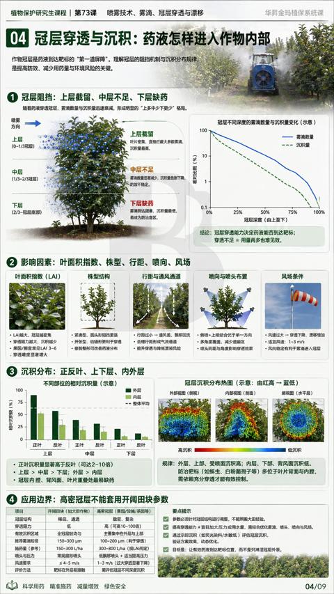 冠层穿透与沉积：药液怎样进入作物内部（作物冠层是药液到达靶标的“第一道屏障”。理解冠层的阻挡机制与沉积分布规律）｜华昇金玛植保系统课技术图