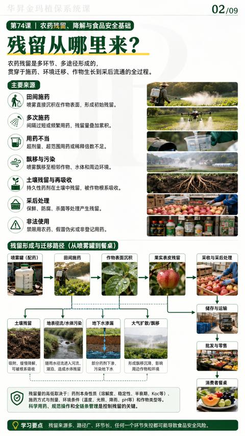 残留从哪里来（施药方式与剂量、环境条件（温度、光照、降雨、pH等）和作物类型等）｜华昇金玛植保系统课技术图