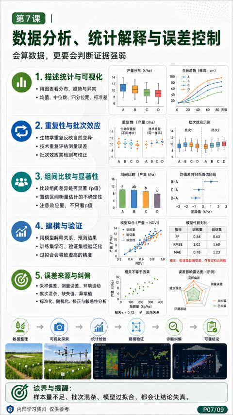 数据分析、统计解释与误差控制（样本量不足、批次混杂、模型过拟合，都会让结论失真）｜华昇金玛植保系统课技术图