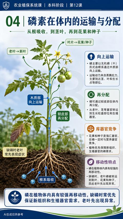04 磷素在体内的运输与分配（磷在植物体内具有较强再移动性，缺磷时常优先）｜华昇金玛植保系统课技术图